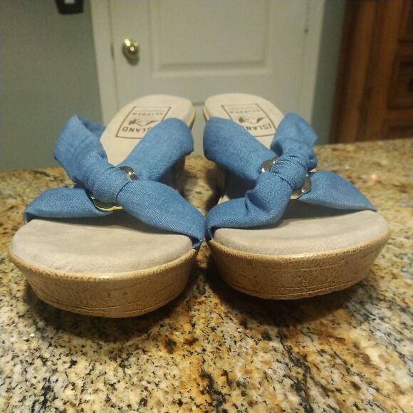 Women's Shoes US 11 Island Slipper Suade Thong Wedge Sandals Blue Fabric Slide - Picture 10 of 11